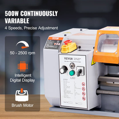 Metal Lathe Machine – 7.87" x 13.78" Benchtop Precision Lathe, 500W Motor, 50–2500 RPM Variable Speed, Metal Gears & Tool Box Included