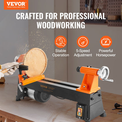 10" x 18" Benchtop Wood Lathe – 0.5 HP (370W) Power Lathe with 5 Variable Speeds, Faceplate, Foot Pads & Tool Set for Woodworking Projects