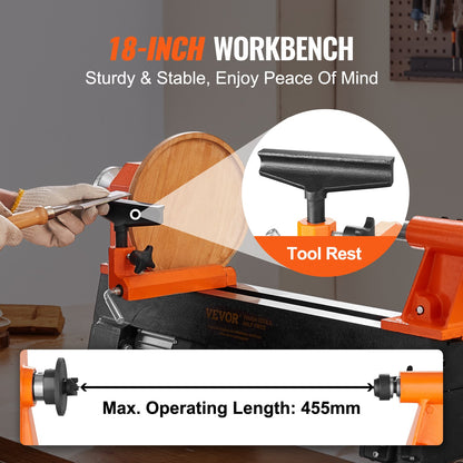 10" x 18" Benchtop Wood Lathe – 0.5 HP (370W) Power Lathe with 5 Variable Speeds, Faceplate, Foot Pads & Tool Set for Woodworking Projects