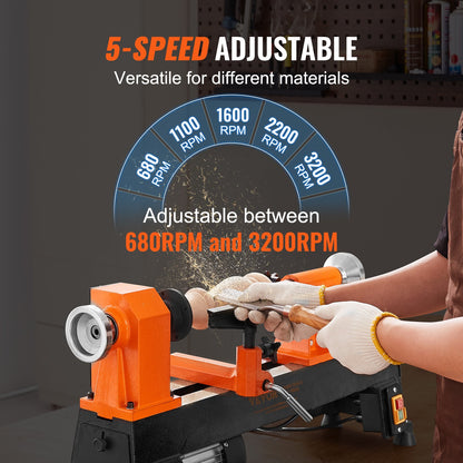 10" x 18" Benchtop Wood Lathe – 0.5 HP (370W) Power Lathe with 5 Variable Speeds, Faceplate, Foot Pads & Tool Set for Woodworking Projects