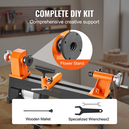 10" x 18" Benchtop Wood Lathe – 0.5 HP (370W) Power Lathe with 5 Variable Speeds, Faceplate, Foot Pads & Tool Set for Woodworking Projects