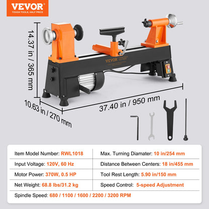 10" x 18" Benchtop Wood Lathe – 0.5 HP (370W) Power Lathe with 5 Variable Speeds, Faceplate, Foot Pads & Tool Set for Woodworking Projects