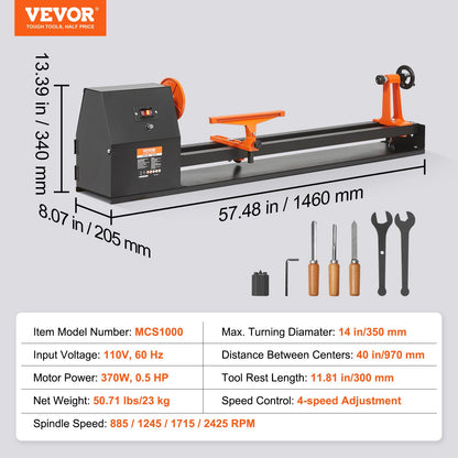 14" x 40" Benchtop Wood Lathe – 0.5 HP (370W) Wood Turning Lathe with 4 Speeds, Chisel Set, Faceplate, and Wrenches for Woodworking Projects